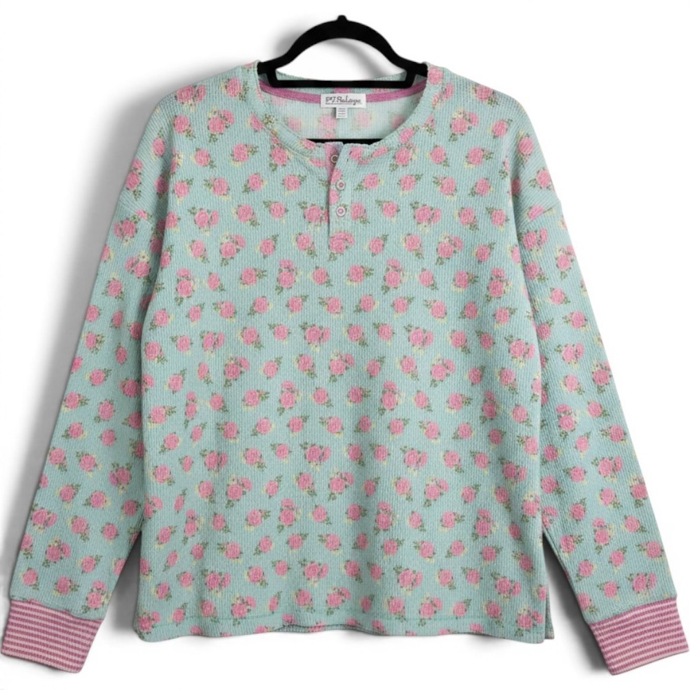 PJ Salvage Women Blue Pink Rose Floral Waffle Knit Henley Pajama Set Size Large